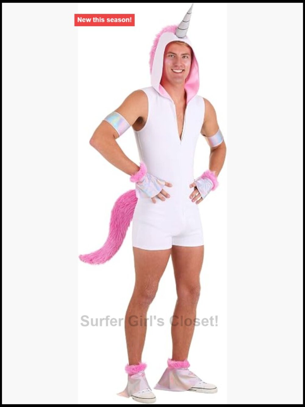 Men's Unicorn Costume Hooded Romper Faux Fur Tail Halloween Outfit